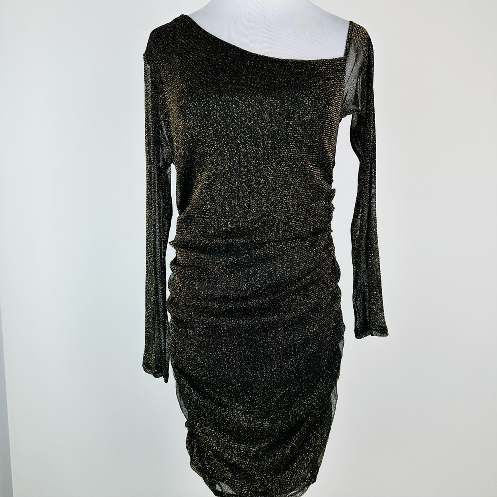 Lovers + Friends Black and Gold Sparkle Ruched Long-Sleeve Mini Dress